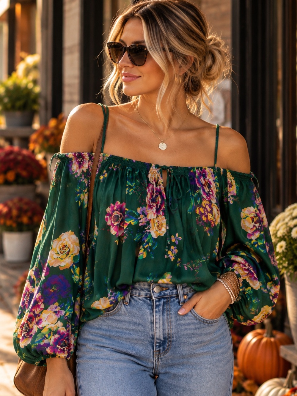 Maeve Anthropologie Green Floral 100% Silk Off Shoulder Blouse Small